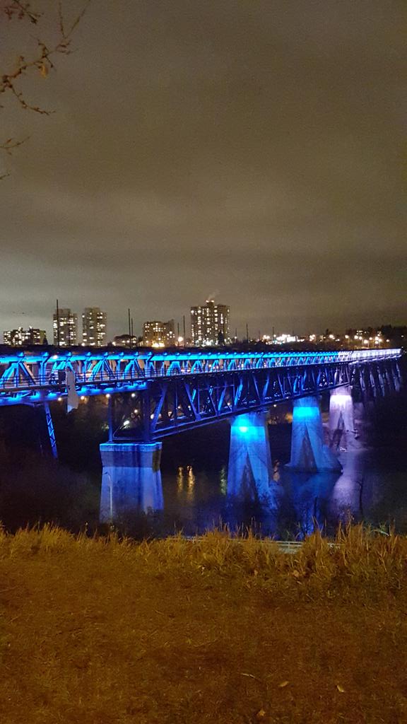 MovemberEdm's tweet photo. Thanks to @SVPTFitness for leading our Move event. Thanks to @CityofEdmonton for #lightthebridge tonight! #yegMO https://t.co/cOkuwvTEvl