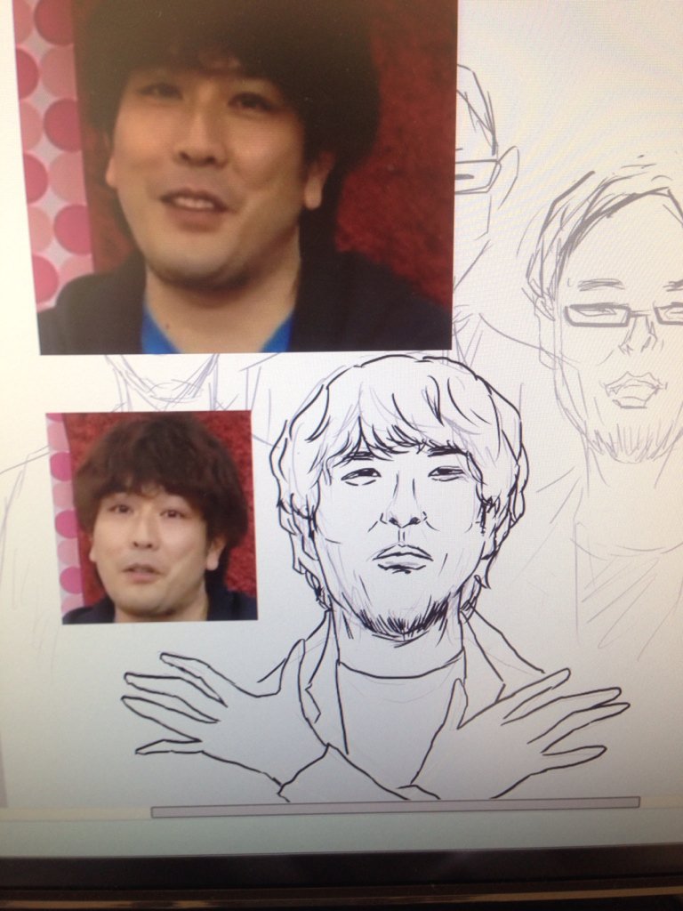 こう、似顔絵描くときは、いろんな表情を見ながら描くと、表情筋とか想像しやすいけど、第三者からは同じおじさんの色んな表情並べてて「なにしてんのこいつ」って感じになる 