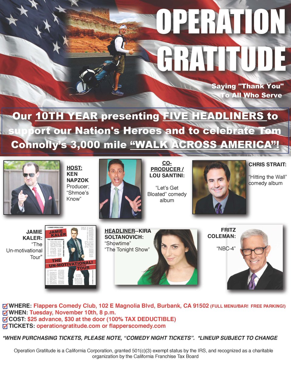OpGratitude's tweet image. Laugh w/@KiraSoltanovich @chrisstrait @KenNapzok @JamieKaler @LouSantini @tcwalksamerica on 11/10! #supportourtroops