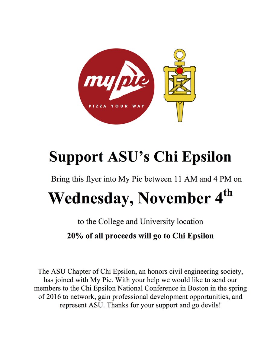 ASU_ChiEpsilon's tweet photo. Buy a $20 MyPie gift card for $15! Only @ MyPie on 11/4! Show MyPie employees the photo below! @PizzaUrWay #cee300 https://t.co/pRsHyTvzCC