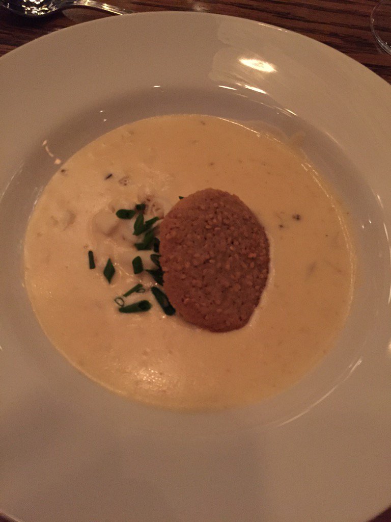 hannaraskin's tweet image. Course two from birthday girl Celestia Mobley! Edna Lewis' she crab soup with @AnsonMills benne cracker.