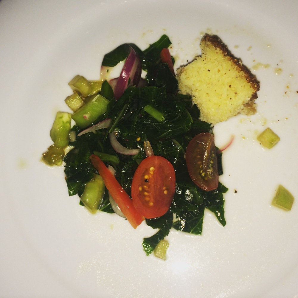 EdnaLewisFDN's tweet image. SALAD COURSE: Pickled Tomatoes, Onions &amp;amp; Collars Green Salad with Cracklin Bread - @chefjenniferbooker #IamEdnaLewis