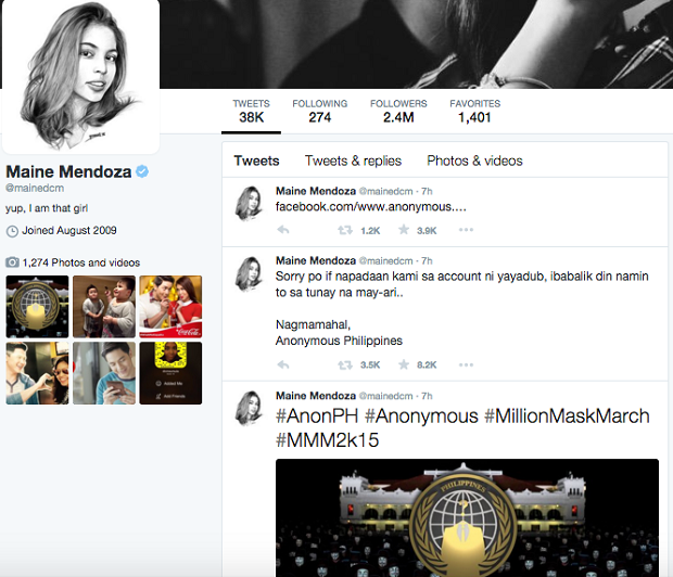 LOOK: Maine Mendoza’s (@mainedcm) Twitter account hacked by Anonymous PH ht...