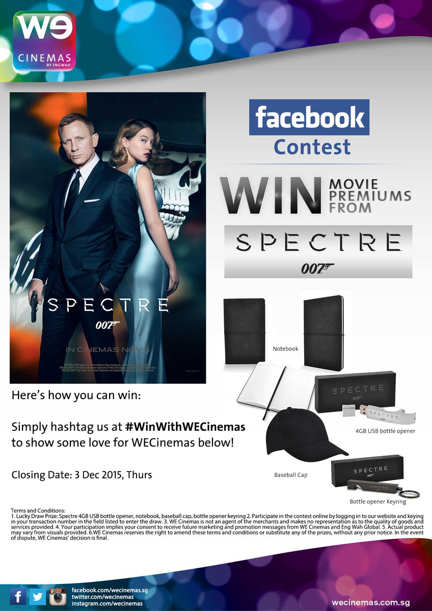wecinemas's tweet photo. Simply Hashtag us at #WinWithWECinemas to win some James Bond 007 - Spectre's premiums :) https://t.co/dIotMtXE1I