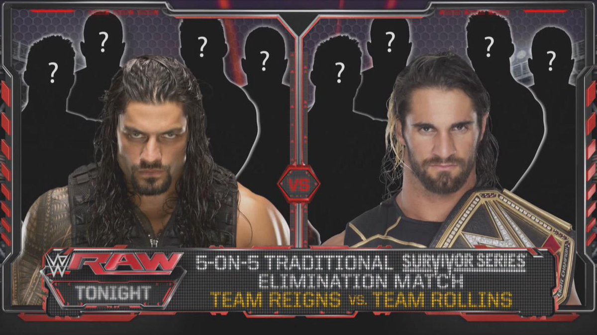 WWE's tweet image. STILL TO COME: @WWERomanReigns &amp;amp; @WWERollins will captain teams for a Traditional 5-on-5 #SurvivorSeries Match! #Raw
