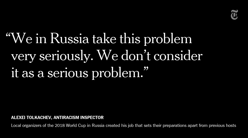 nytimes's tweet photo. Monkey chants. Nazi salutes. Both have been persistent problems at soccer matches in Russia. https://t.co/pdLD4KbmHR https://t.co/8ZYNyTbEOe