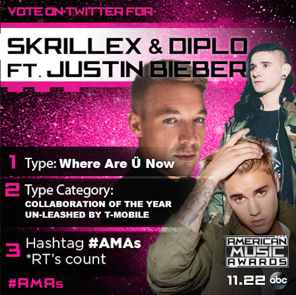 RT to VOTE for <a href="/justinbieber/">Justin Bieber</a>, <a href="/diplo/">diplo</a> and <a href="/Skrillex/">Skrillex</a> for #AMAs Collab of the Year Un-leashed by <a href="/TMobile/">T-Mobile</a> via Twitter.
