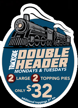 TracksidePizza's tweet photo. Don't let the #MondayBlues get you, come to #TracksidePizza for our "#DoubleHeader"! 2 Large 2 Toppings- only $32! https://t.co/CTRGuPo4QA