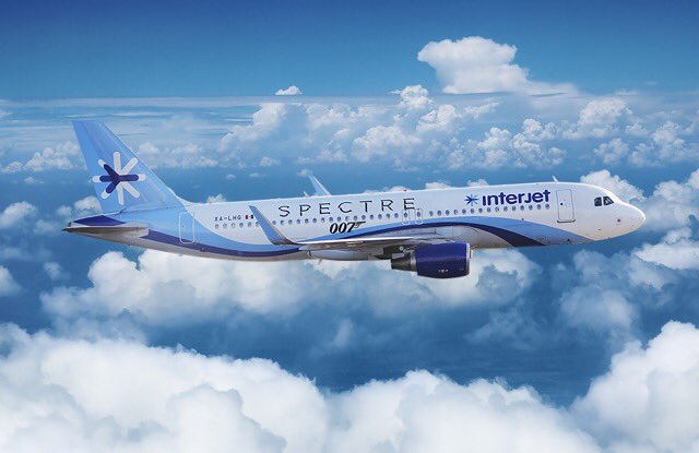 interjet's tweet photo. #SPECTRE llega a México y celebramos su llegada con 2 de nuestros aviones. ¡Pronto los verás en el aire! https://t.co/iO3QMxWpE8