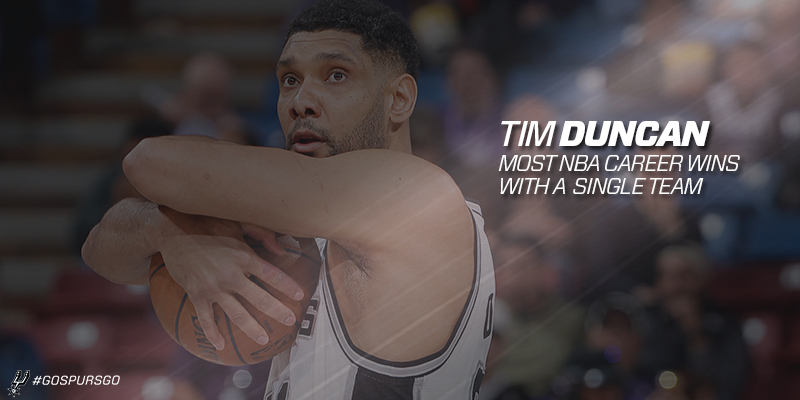 spurs's tweet photo. With tonight’s win, Duncan now holds the all-time @NBA record for most wins (954) w/ one team. 

(h/t @EliasSports) https://t.co/faYhxoD6C9
