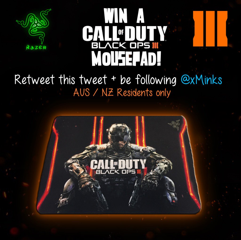 Minks's tweet image. Win a @Razer Black Ops 3 mousepad! RT this and be following myself to enter 😝 AU/NZ only. 🇦🇺🇳🇿