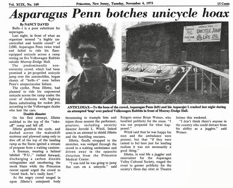 ElizabethAWhite's tweet photo. 40 years ago today, @pennjillette &amp; @MrTeller (Asparagus Valley) staged the great Asparajet1 Unicycle Jump For Life. https://t.co/xFTAziPcVi