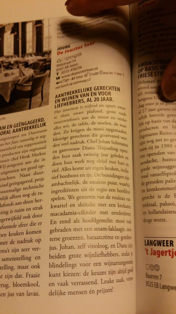 Zeer tevreden met 13 punten in de #gaultmillau 2016 met een zeer goede recensie bedankt team Jouster Toer