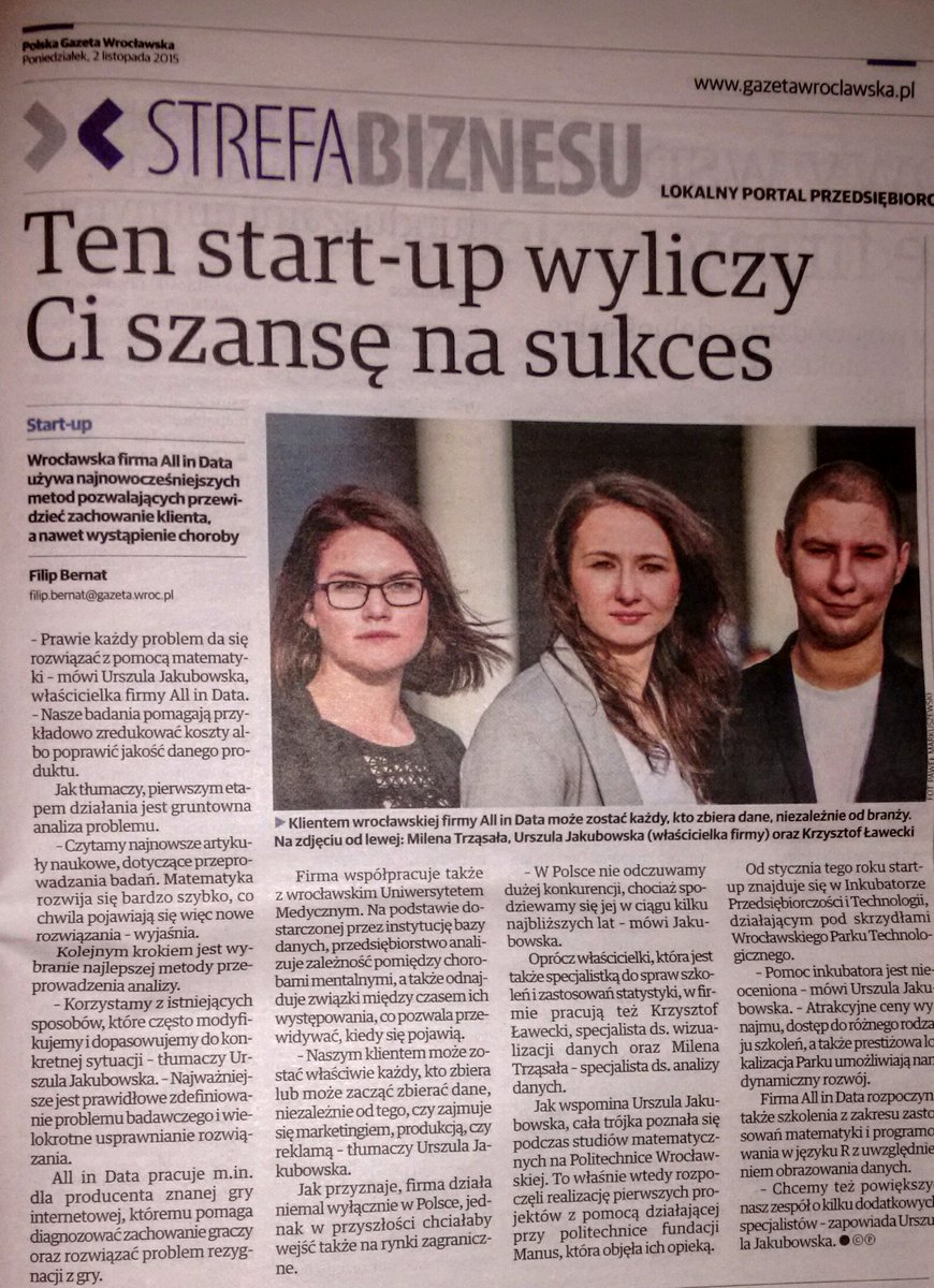 all_in_data's tweet photo. All you need is All in Data! Artykuł @gaz_wroclawska o start-upie abs. @PWr_Wroclaw działającym w @technolog_park https://t.co/uOPBPMnTKp