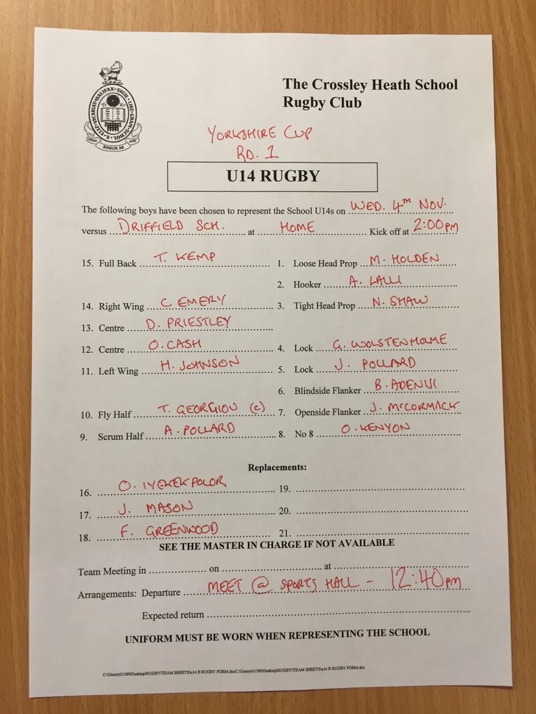 Rugby: U14 Selection vs @DriffieldPE - Wednesday 4th November (H) - 2:00pm KO