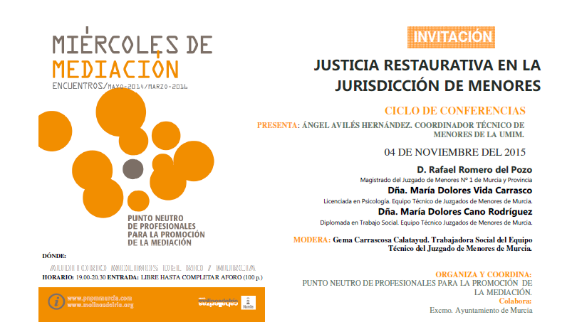 ProyectoMediaEs's tweet photo. Mañana 4 de octubre, miércoles de #Mediación  en los Molinos del Río, #Murcia. #Justicia Restaurativa en #Menores. https://t.co/fKu0yezZcd