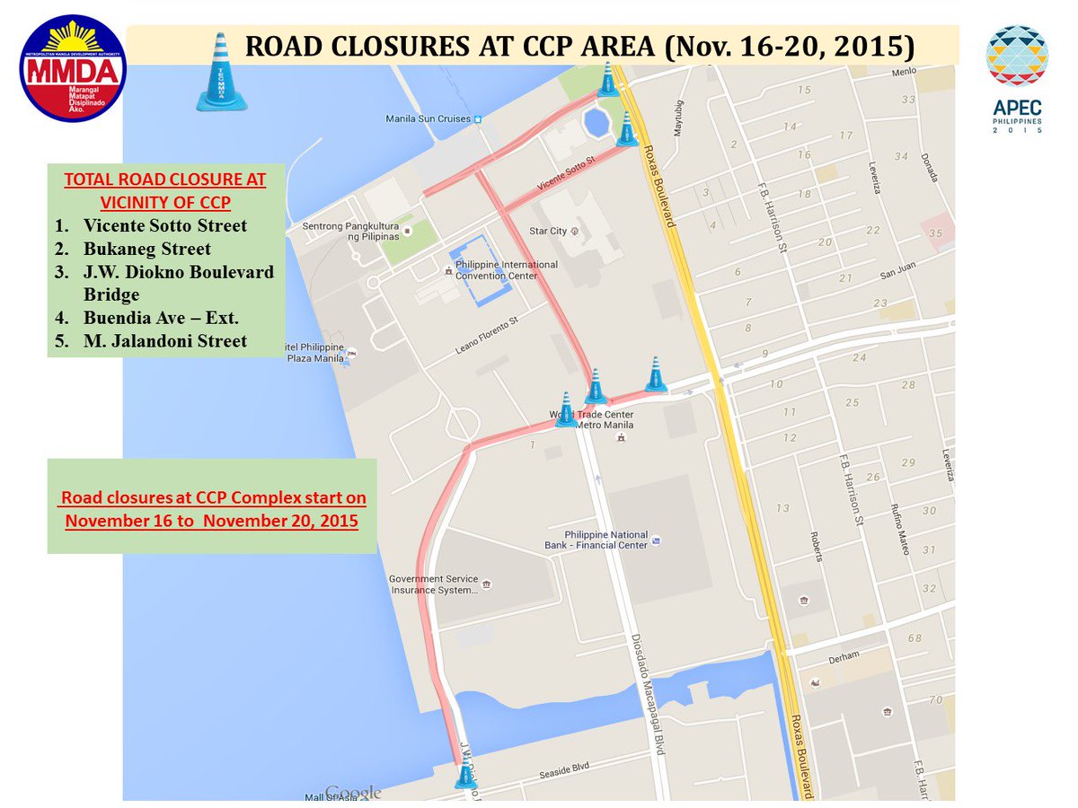 MMDA's tweet photo. UPDATE: Traffic Advisories for the #APEC2015 Leaders' Week on Nov. 16-20, 2015 (Pt.2 of 2). https://t.co/2StJ5nW7bd