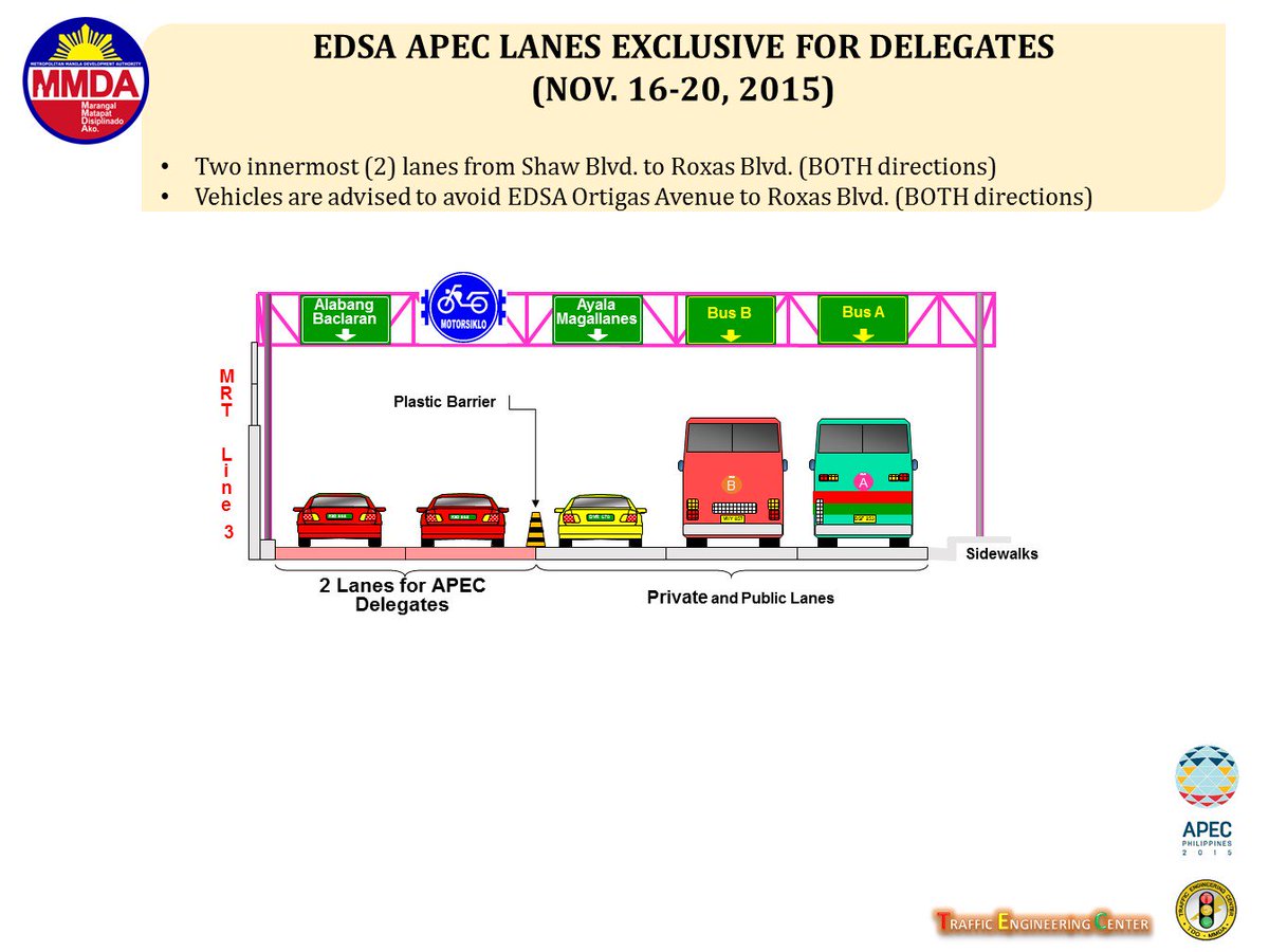 MMDA's tweet photo. UPDATE: Traffic Advisories for the #APEC2015 Leaders' Week on Nov. 16-20, 2015 (Pt.2 of 2). https://t.co/2StJ5nW7bd