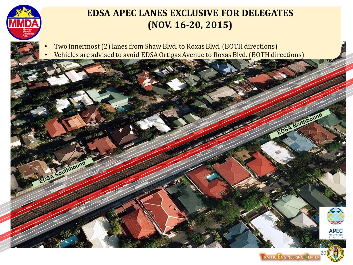 MMDA's tweet photo. UPDATE: Traffic Advisories for the #APEC2015 Leaders' Week on Nov. 16-20, 2015 (Pt.2 of 2). https://t.co/2StJ5nW7bd