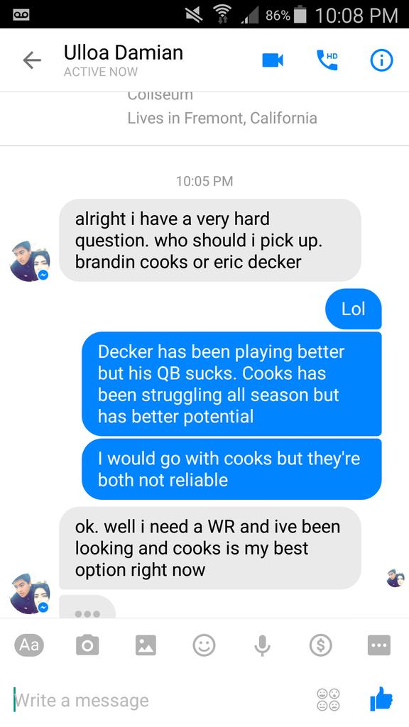 ErmeloAlbert's tweet photo. When your friends randomly ask you fantasy football questions...I have a growing reputation with everyone I know... https://t.co/3jzmrG0hpX