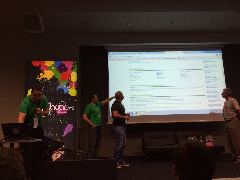 vladopavlov's tweet photo. One of the most active JUGs in @adoptajsr @jcp_org - @bgjug GoF on @Java2Days stage w @reza_rahman &amp; @PatrickCurran https://t.co/T9R4m5On2f