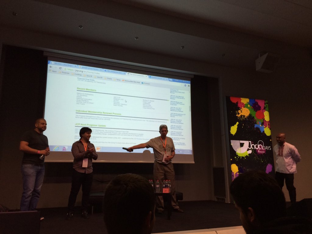 vladopavlov's tweet photo. One of the most active JUGs in @adoptajsr @jcp_org - @bgjug GoF on @Java2Days stage w @reza_rahman &amp; @PatrickCurran https://t.co/T9R4m5On2f