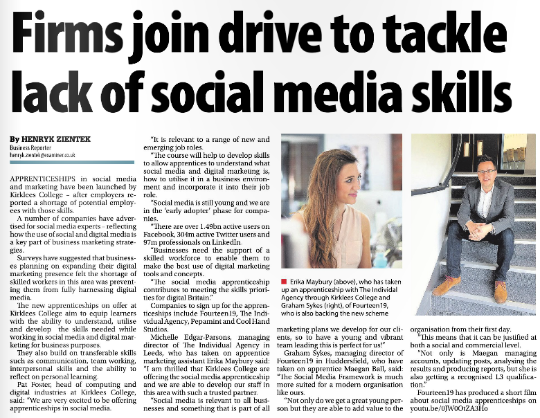 hellomintLtd's tweet image. Delighted to be mentioned in @KirkleesBN today. We currently have a #vacancy for a #digitalapprentice. Contact us!