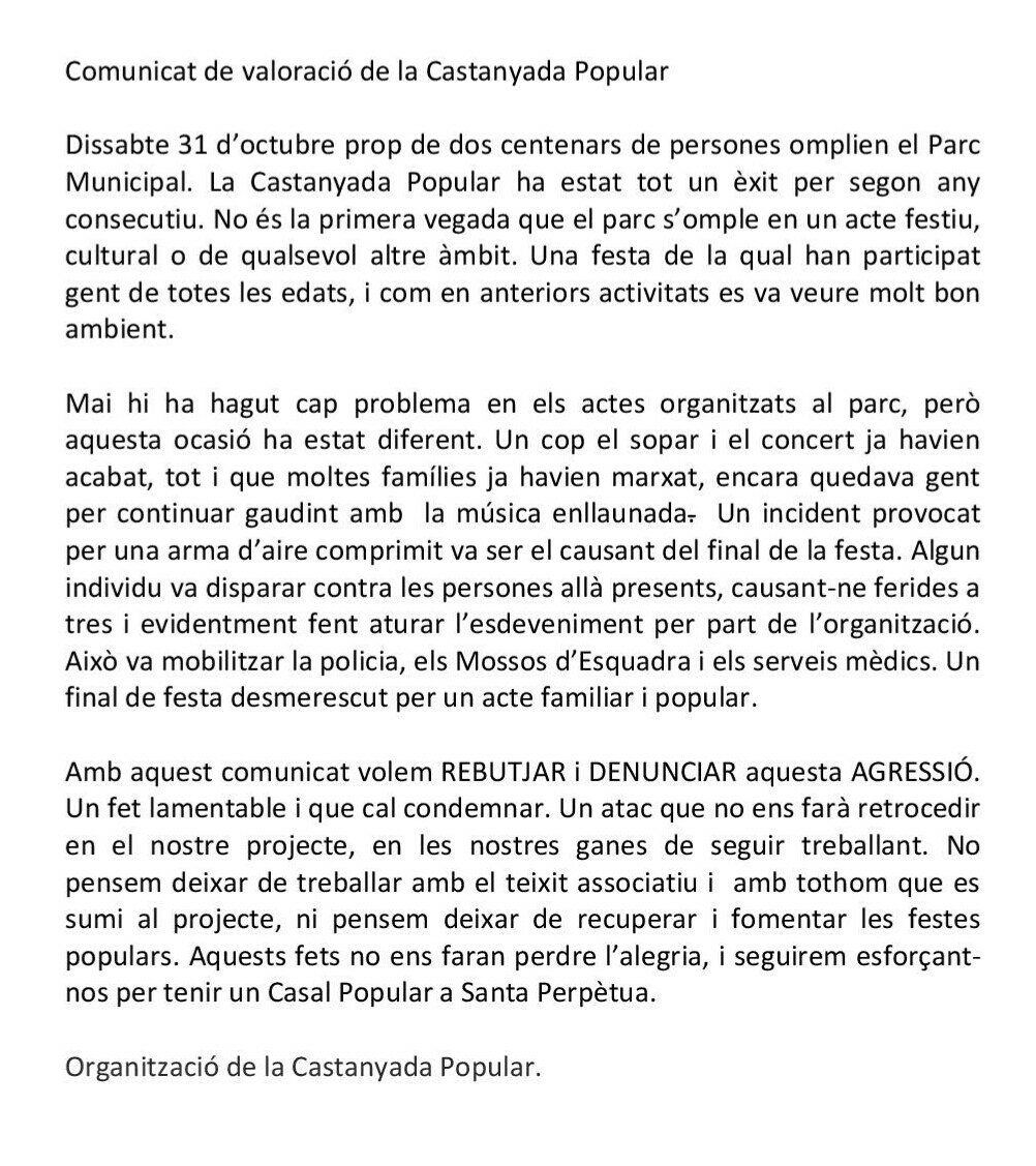 A causa dels fets produïts durant la #CastanyadaPopularSPM volem compartir el següent comunicat #AgendaPPCC