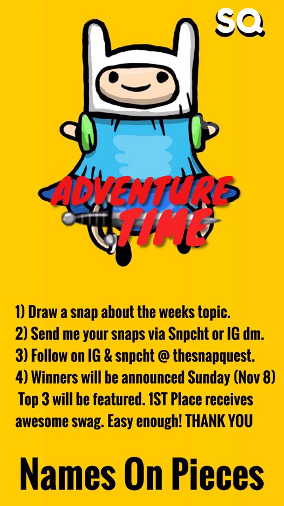 teamsnapquest's tweet photo. New challenge is up #AdventureTime #snapquest #snapchatart #snapchat https://t.co/XaBpPn5dud