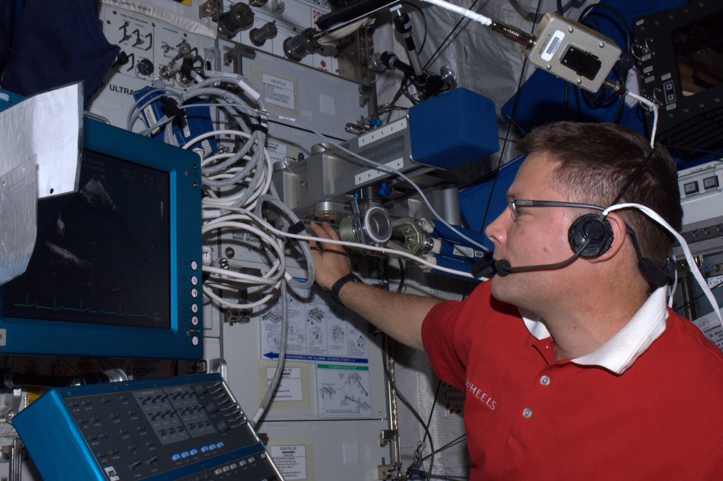 Astro_Wheels's tweet photo. Yes, we have medical equipment on the #ISS &amp; a Chief Medical Officer. @megan_daughtry 'Dr. Wheels' at work. #askNASA https://t.co/lEcKa35pP6