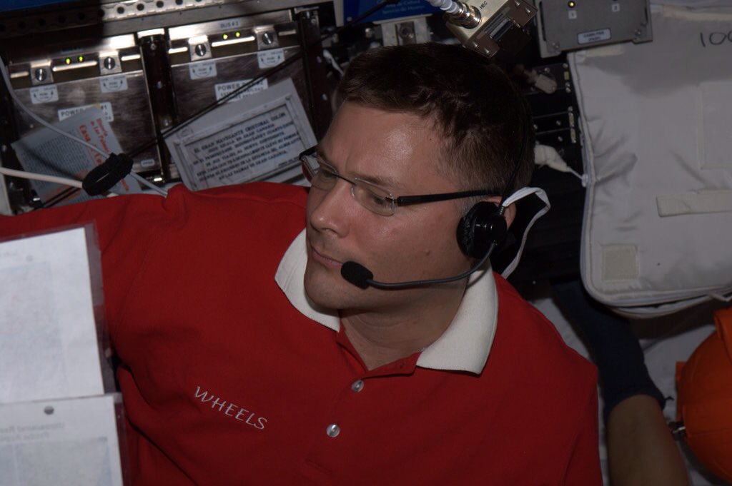 Astro_Wheels's tweet photo. Yes, we have medical equipment on the #ISS &amp; a Chief Medical Officer. @megan_daughtry 'Dr. Wheels' at work. #askNASA https://t.co/lEcKa35pP6