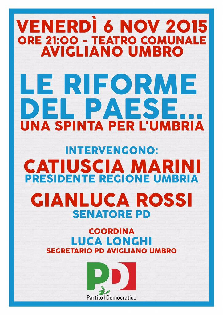 FedPDTerni's tweet photo. Venerdì 6 novembre ad Avigliano Umbro si parla di #riforme con @CatiusciaMarini e @GianlRossi #terni @pdterni #pd https://t.co/hreTh3TUqO