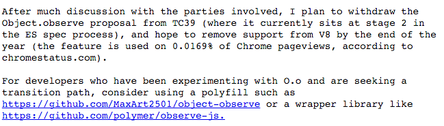 JavaScriptDaily's tweet image. Object.observe to be withdrawn: mail.mozilla.org/pipermail/es-d… - however, someone wants to save it! mail.mozilla.org/pipermail/es-d…