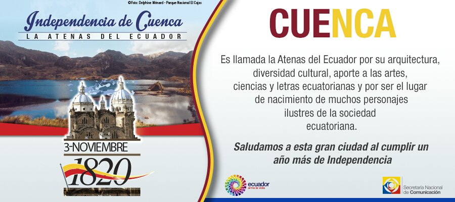 ComunicacionEc's tweet photo. Saludamos a Cuenca, la "Atenas del Ecuador" en sus 195 años de independencia. ¡Viva Cuenca! https://t.co/unGzJl0sfs
