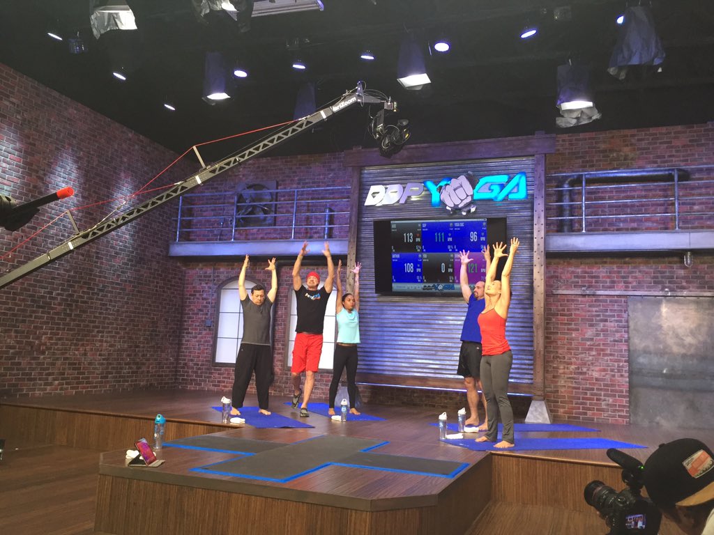 RealDDP's tweet photo. A CHALLENGING day of @DDPYoga workout filming with @BK_Nair #Jade #YogaDoc #ArthurBoorman #DoubleBlackDiamond https://t.co/70auINWrEp