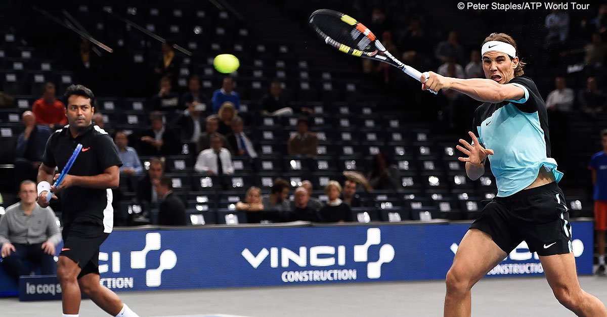 atptour's tweet photo. .@dominglot &amp; #Lindstedt get better of @RafaelNadal &amp; @Leander (pictured) at @bnppmasters. https://t.co/dmJujMs4NU https://t.co/ZVMMz2MWrm