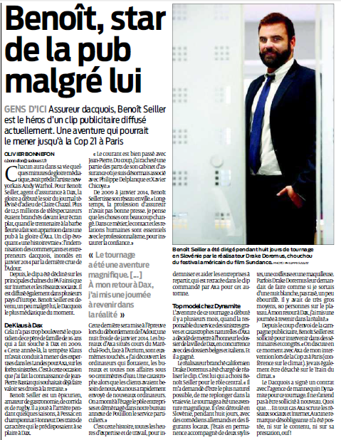 broncard1's tweet photo. Benoît, Agent Général #AXA, star de la pub malgré lui, une aventure qui pourrait le mener jusqu’à la #COP21 à Paris. https://t.co/Az7bpCkdAM