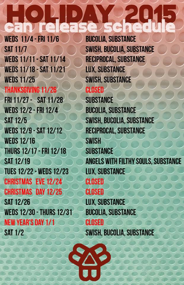 BissellBrosBrew's tweet photo. If you haven't seen it, here's our can release schedule thru New Year's. take note of holidays &amp; TUES hours xmas wk https://t.co/7WBEN1qoou