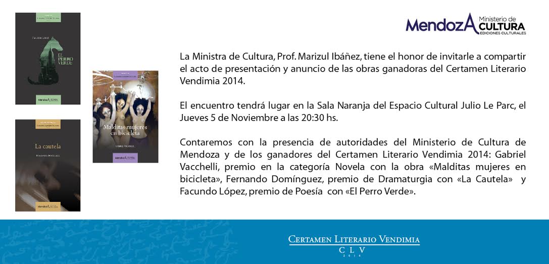 Este jueves presentaremos las obras ganadoras del Certamen Literario Vendimia 2014  <a href="/FabricioCentorb/">Fabricio Centorbi</a> <a href="/PacoPerezMza/">Francisco Pérez</a>