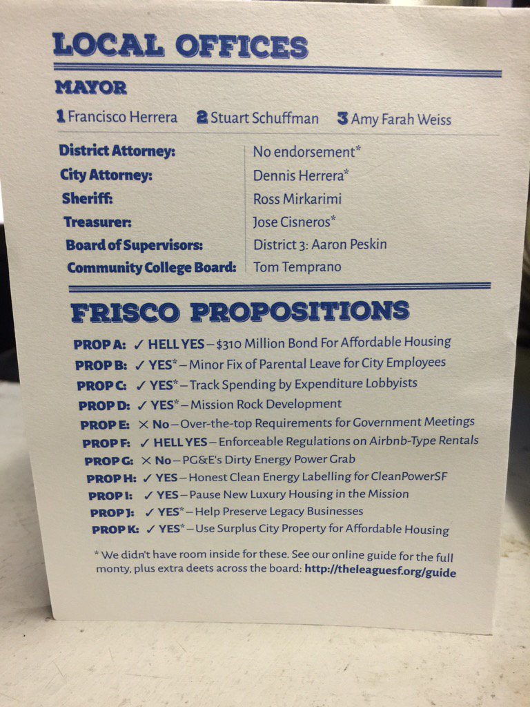 RO3LAY's tweet photo. Big day for Frisco, here's a voter guide for all my folks who need some info on the props. 1-2-3 replace Ed Lee! https://t.co/Nn8vXYnvcF