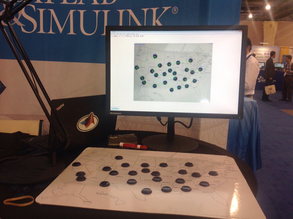 mcfenelon's tweet image. Are you smarter than a #MATLAB optimizer? Test your skills against TSP with intlinprog #informs2015 Booth 30