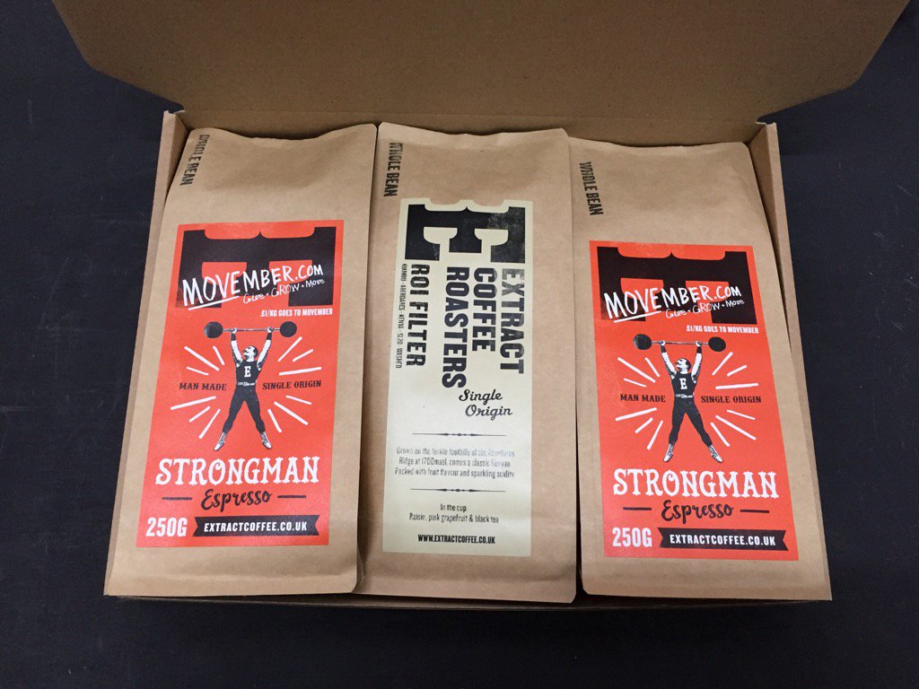 extractcoffee's tweet photo. Strongman Espresso is going out the door TODAY! Get your orders in before it's gone! @MovemberUK  #extractcoffee https://t.co/yBY76BPj99