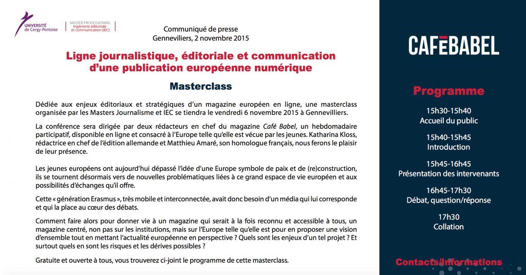 AssoEncrages's tweet image. #MasterclassIEC rejoignez-nous ce vendredi pour la conférence qui met à l&apos;honneur le @cafebabel_FR