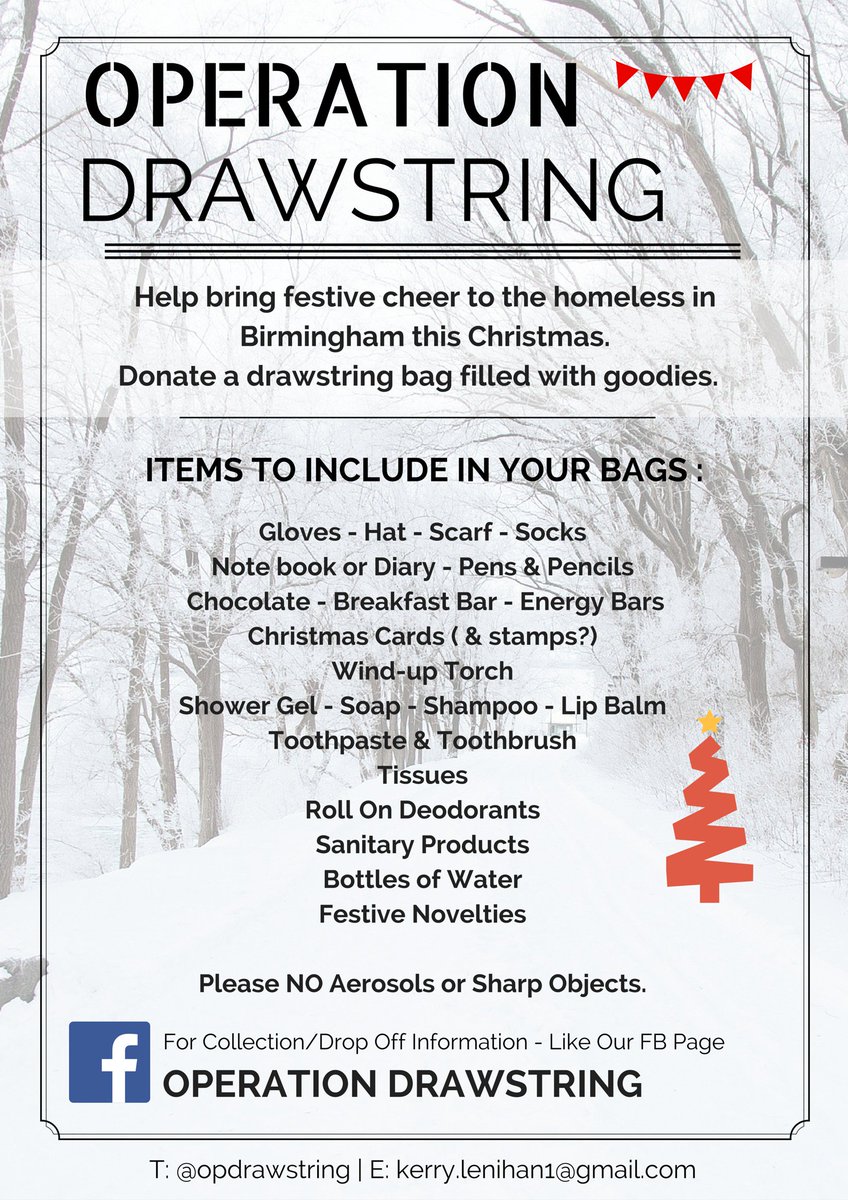 kerrylynn21's tweet photo. Little more information on what to include in your drawstrings/items to donate for @opdrawstring. #OpDrawstringBrum https://t.co/COY4alSobp