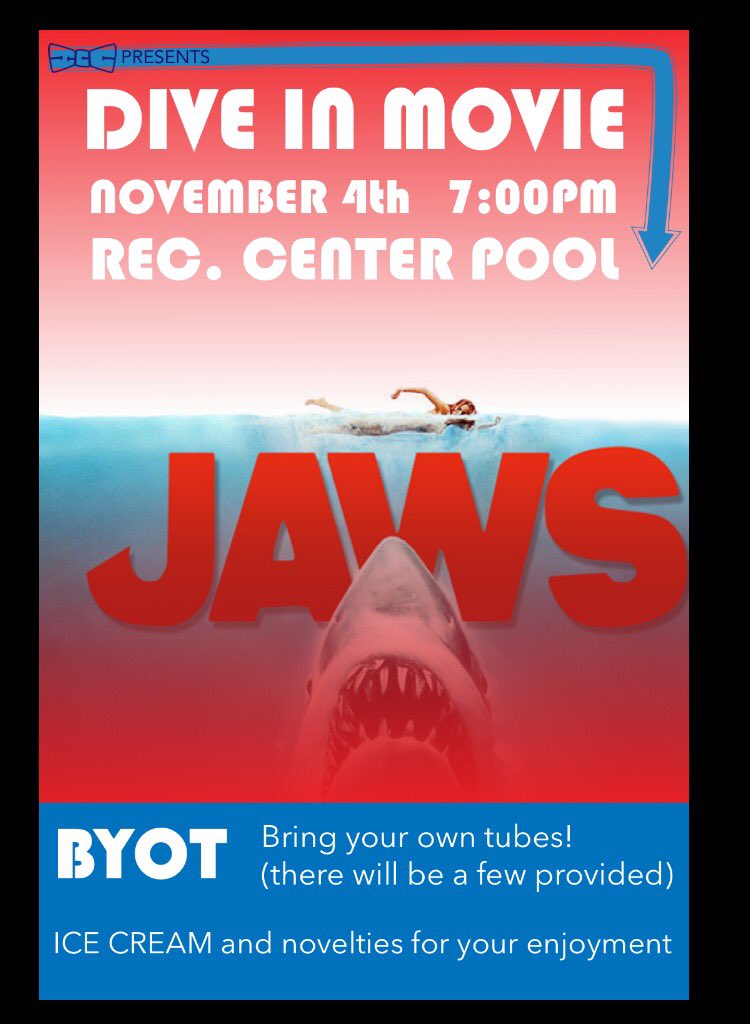 RWU2017's tweet photo. Jaws and Chill? Get ready for Jaws in the Rec Center pool next Wednesday! https://t.co/C5pVuthwCo