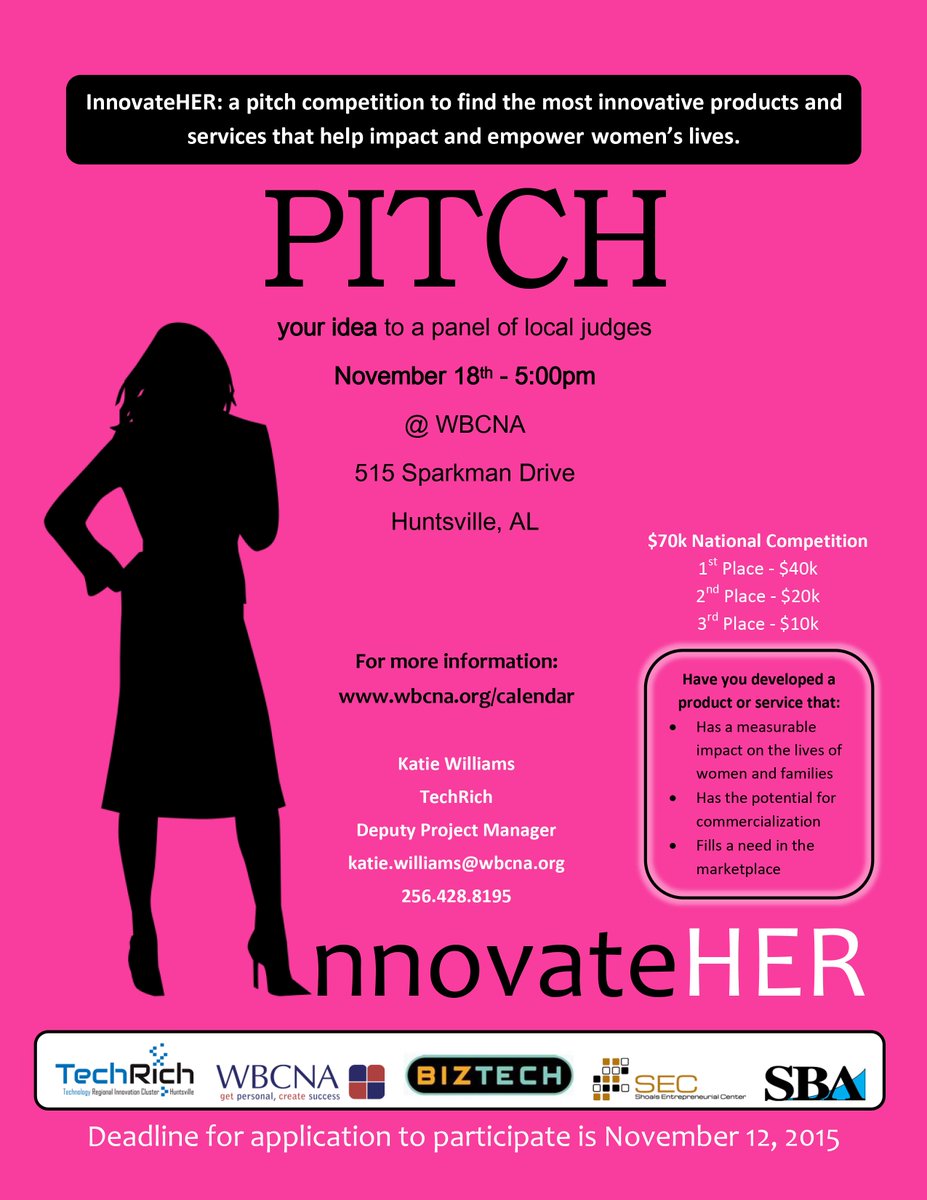 biztechhsv's tweet photo. InnovateHER @SBAgov  pitch event will be 10/18 at 5pm sign up at @WBCNA  @RICHuntsville for more info @AlaLaunchpad https://t.co/zAxHExclay