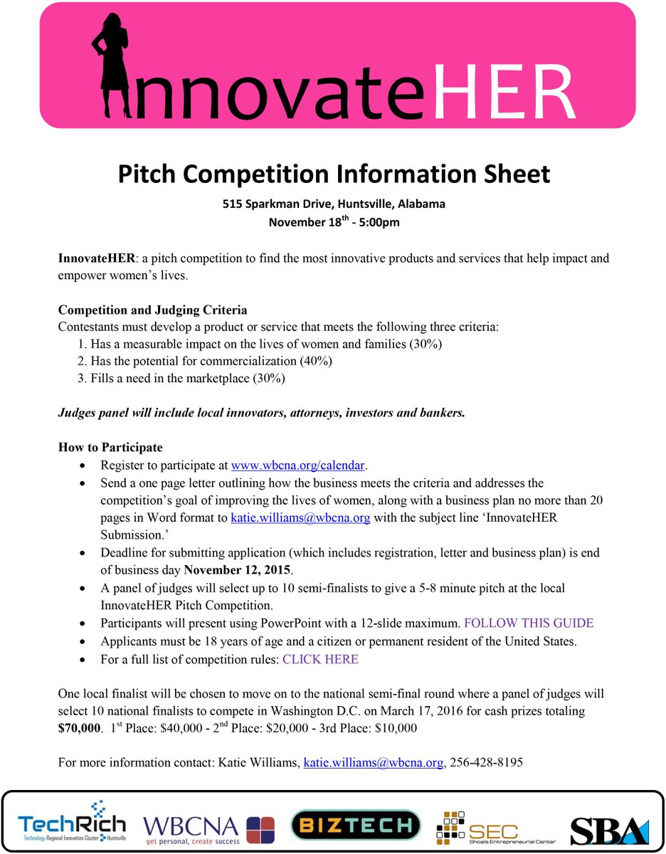 biztechhsv's tweet photo. InnovateHER @SBAgov  pitch event will be 10/18 at 5pm sign up at @WBCNA  @RICHuntsville for more info @AlaLaunchpad https://t.co/zAxHExclay