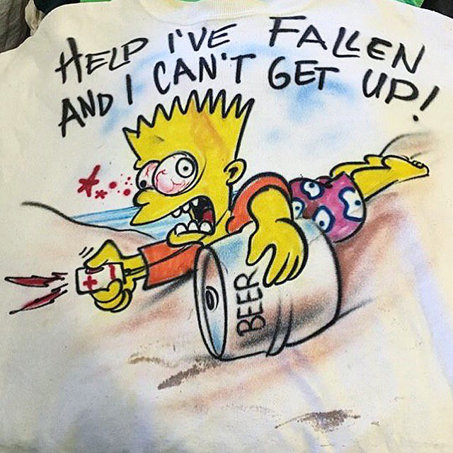 bootlegbart's tweet photo. #bootlegbart Courtesy of @jesseheifetz #partybart #legless #bartsimpson #airbrushtshirt #thesimpsons #icantgetup https://t.co/mzrSrSQ7uT