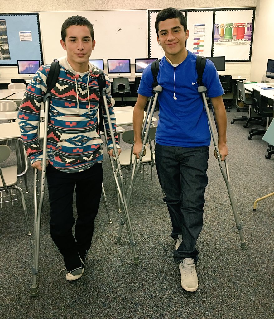mrslealerusd's tweet photo. The Ovando Twins on their birthday (and their crutches)! Happy  15th Birthday! @ElRanchoHS https://t.co/PkCikAeukV