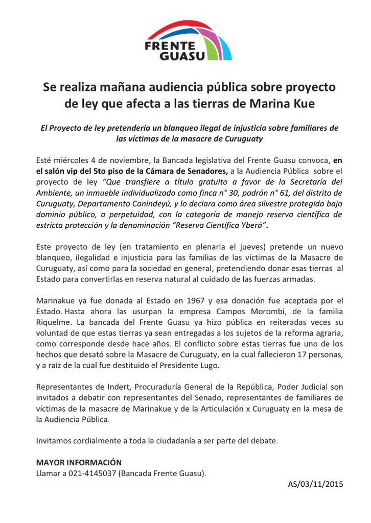 FrenteGuasuPY's tweet photo. Audiencia pública sobre proyecto de ley que afecta a las tierras de Marina Kue https://t.co/YGqKIoyjvf